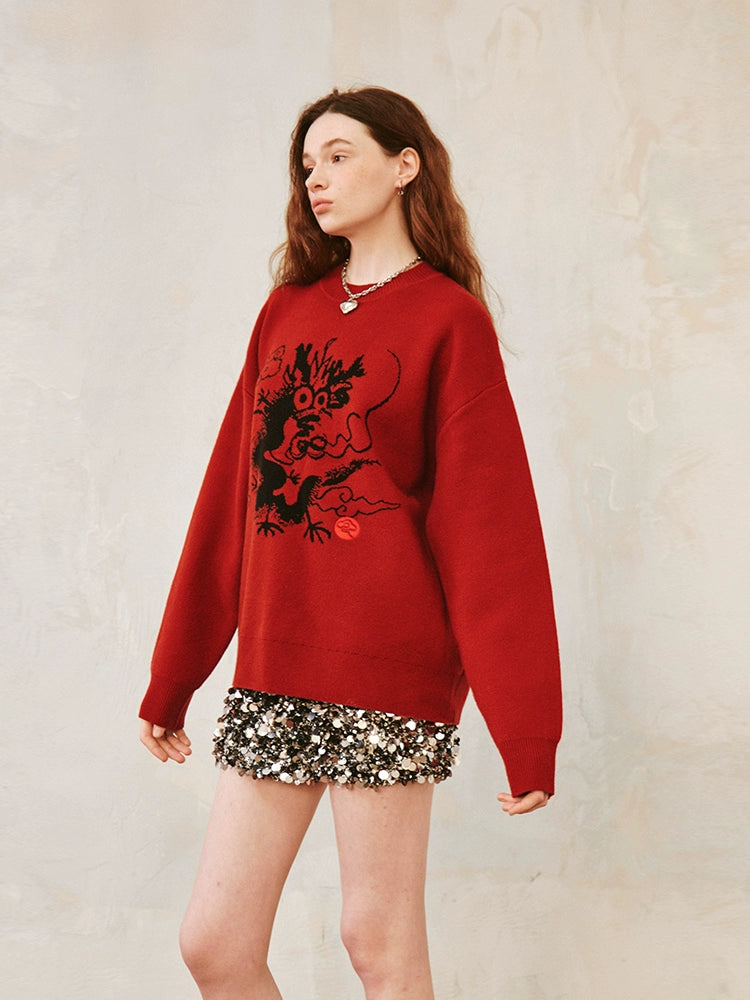 Dragon Design Round Neck Drop-Shoulder-Pullover