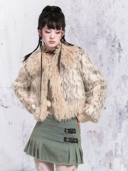 Flower Accent Stitching Fur Short Coat