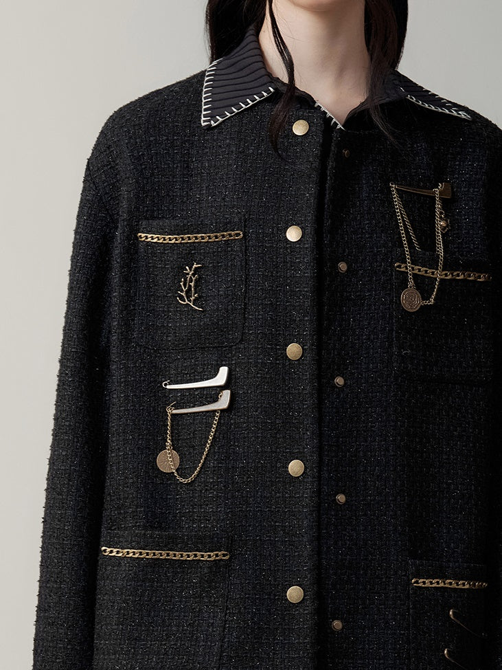 Blended Yarn Texture Chain Accent No-Collar Jacket