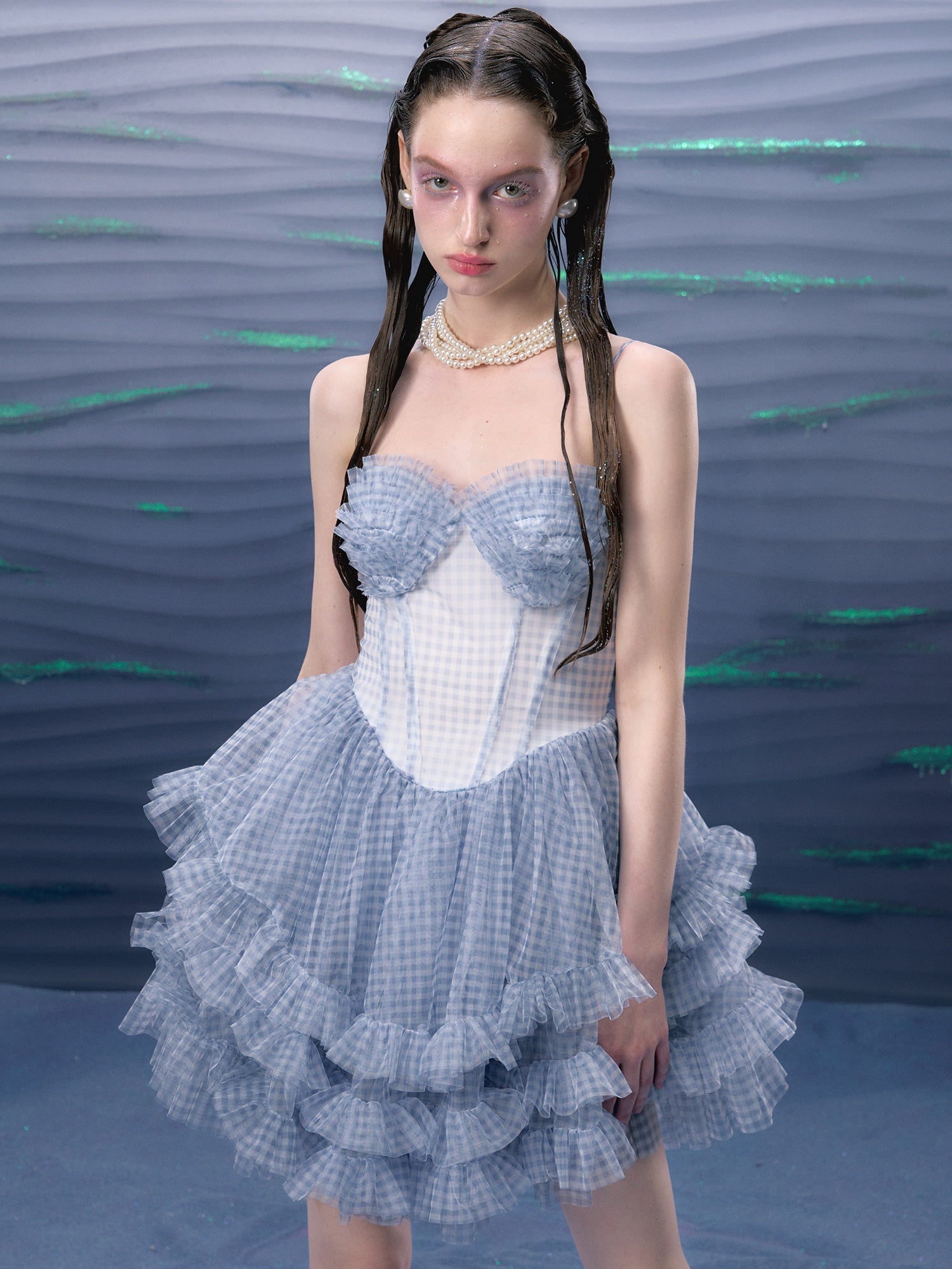 Plaid Mesh Tutu Suspender Dress ＆ Lace Pearl Corset