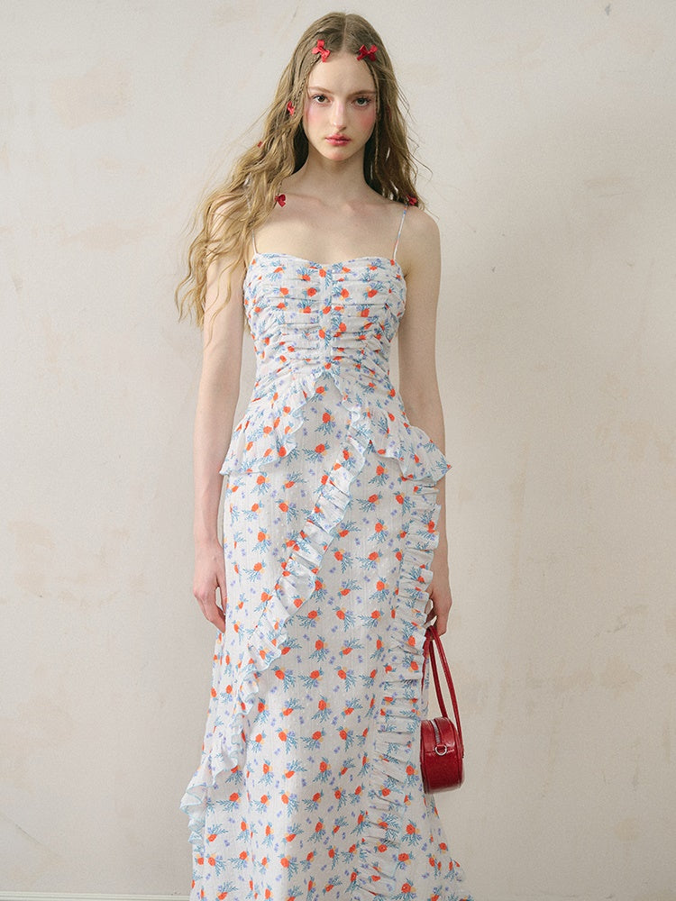 Floral Suspender Tuck Pleated Long Dress