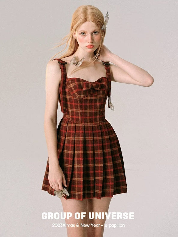 Plaid Slip Plisse Kleid