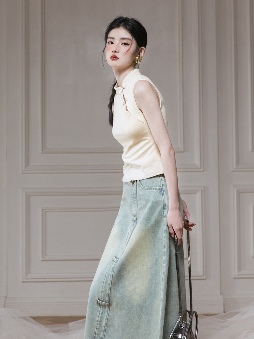 Slanted Placket Distressed Denim Skirt