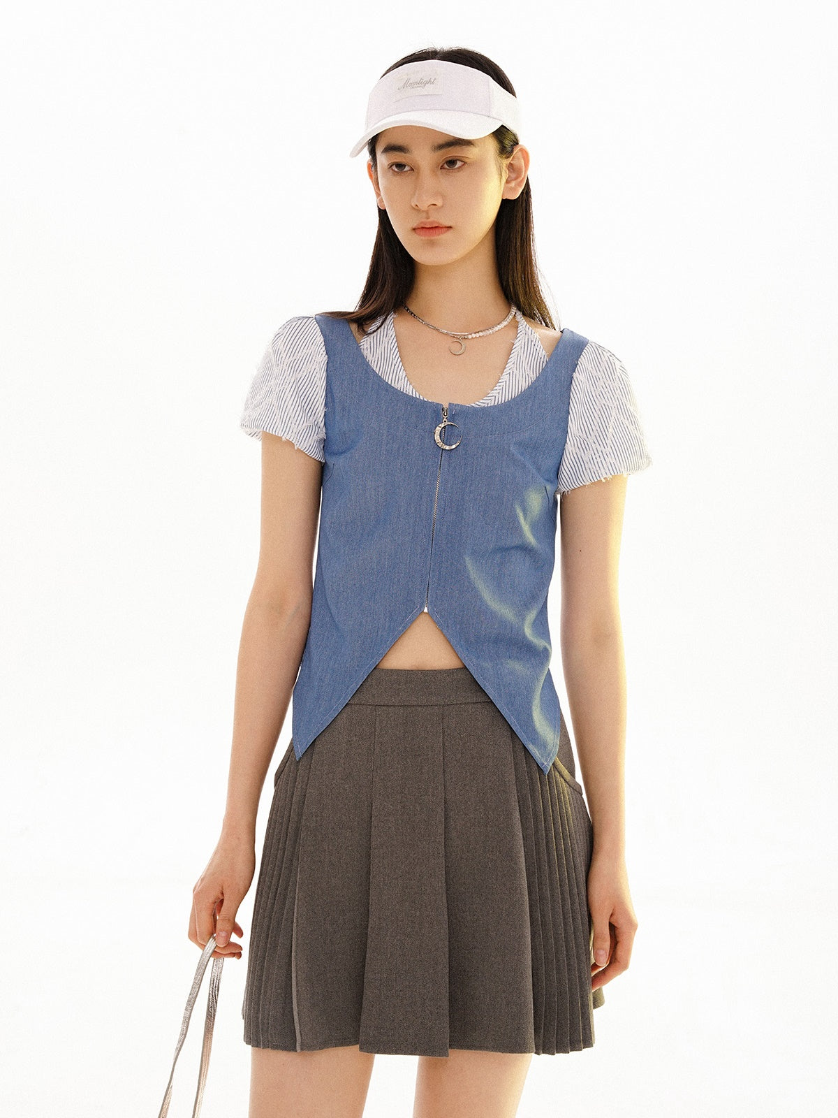 Fake Layered Zipper Puff Sleeve Top