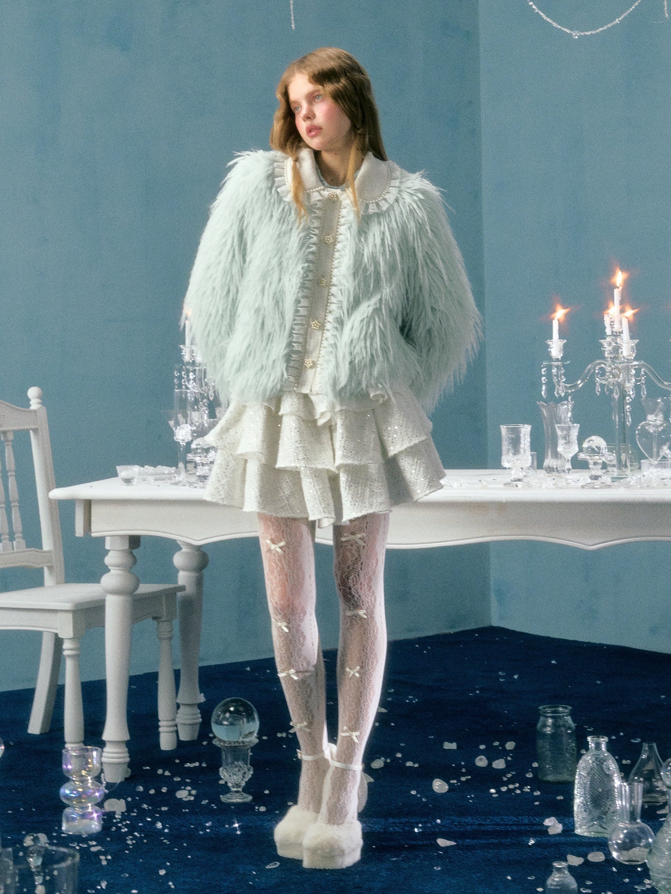 Pearl Lace Decoration Short Imitation Fur Coat