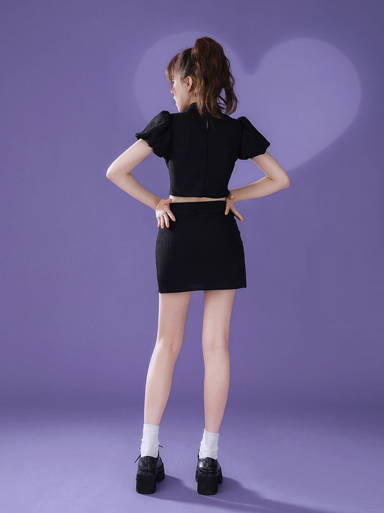 Chinese Style Retro Puff Sleeve Top ＆ Short Skirt