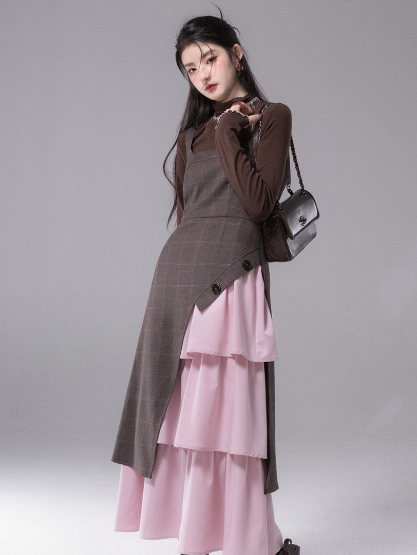 Contrast Color Suspender Dress &amp;  Neckline Shirting Bottom Shirt Set-up