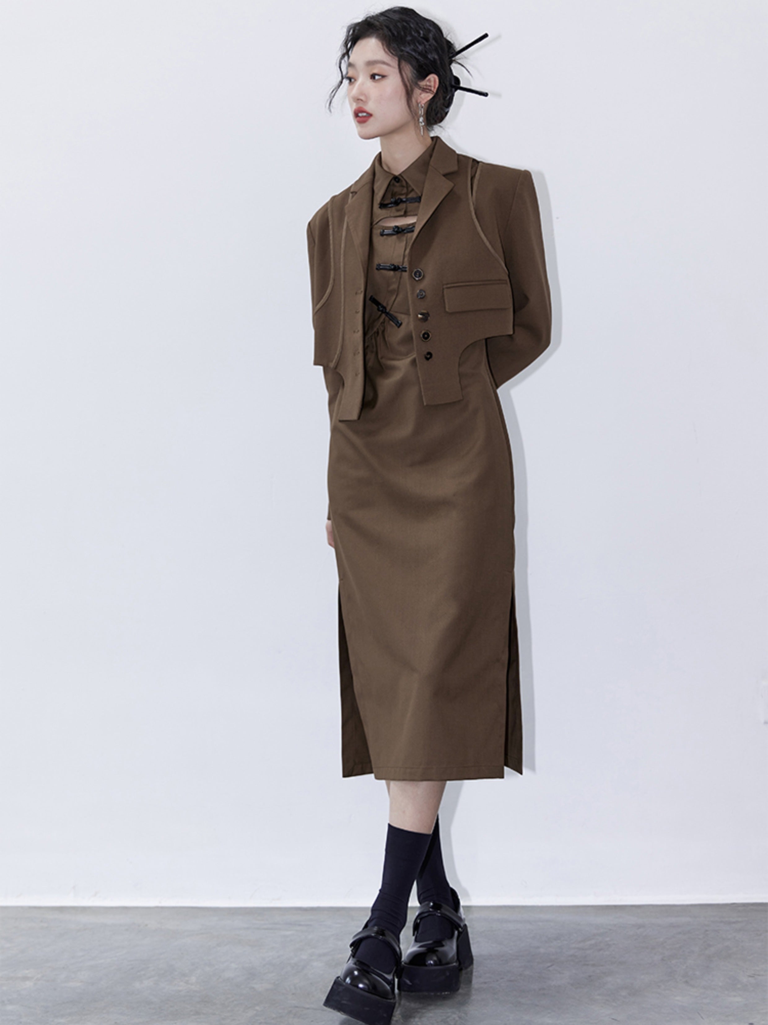 Chinese Style Hollow Mid-length Shirt Dress