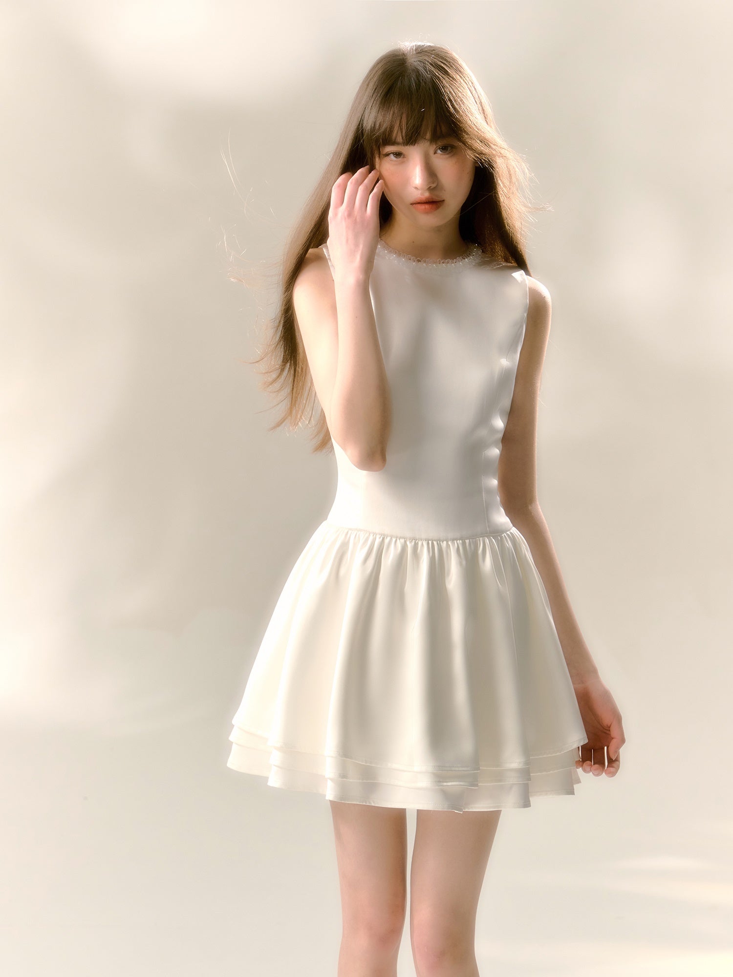 Pearl Collar Three-layer Sleeveless Dress