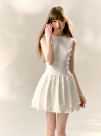 Pearl Collar Three-layer Sleeveless Dress