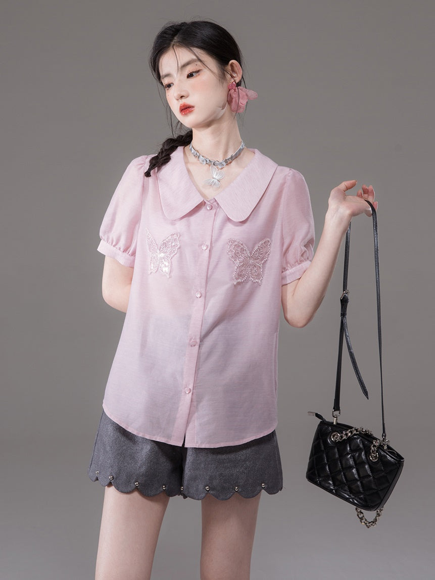 Pearl Butterfly Embroidered Baby Collar Shirt