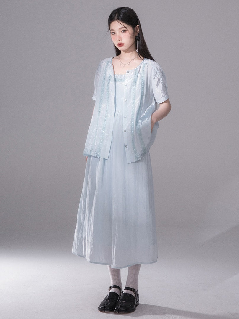 Glossy Drawstring Shirt &amp; Slip Long Dress