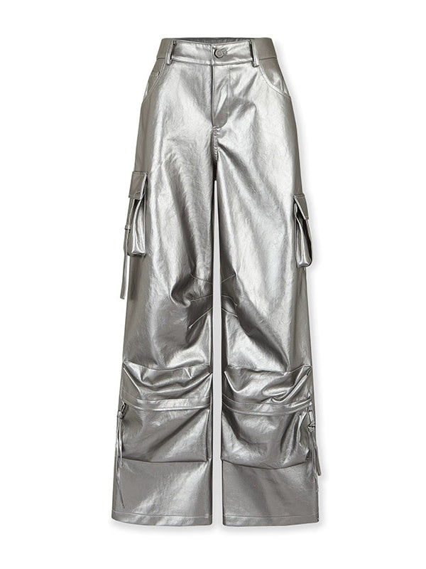 PU Leather Wide-leg Cargo Pants