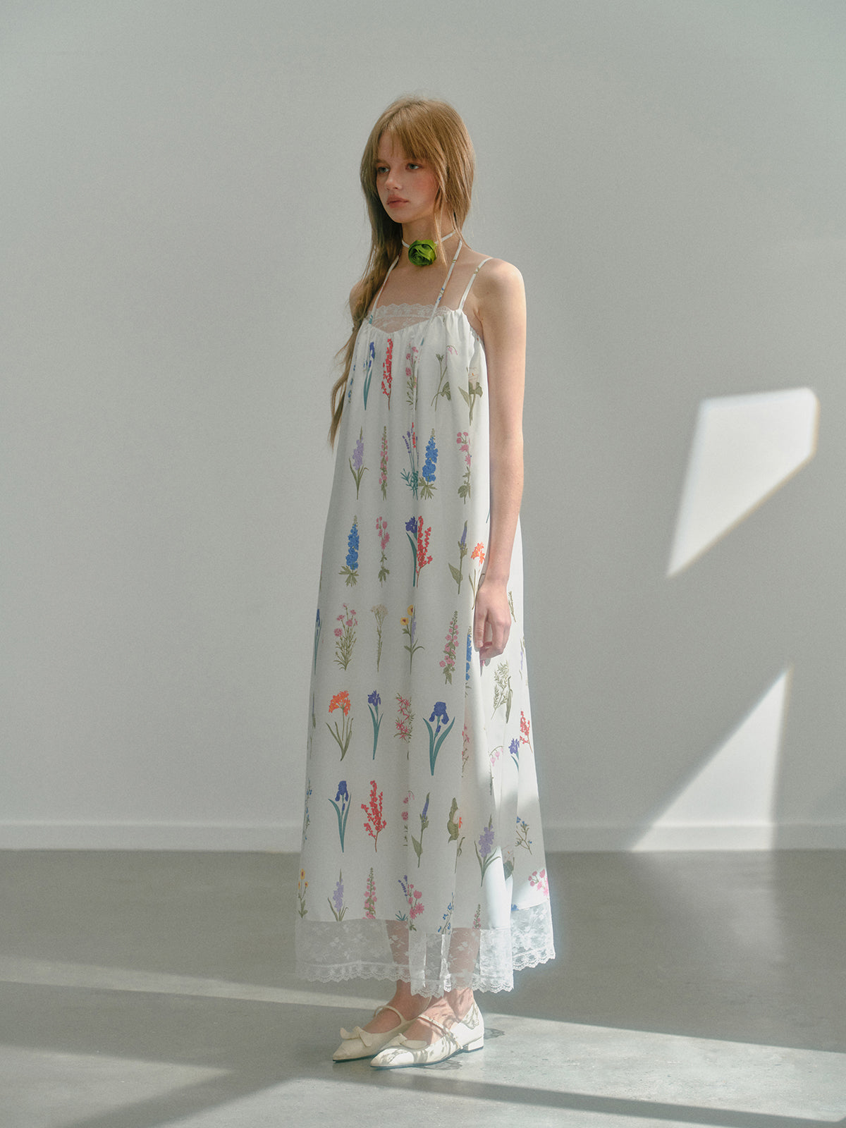 Romantic Forest Printed Spliced Lace Long Suspender Dress