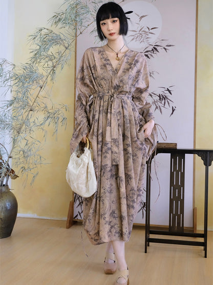 Chinese Style V-Neck Wide Gather Sleeve Dress