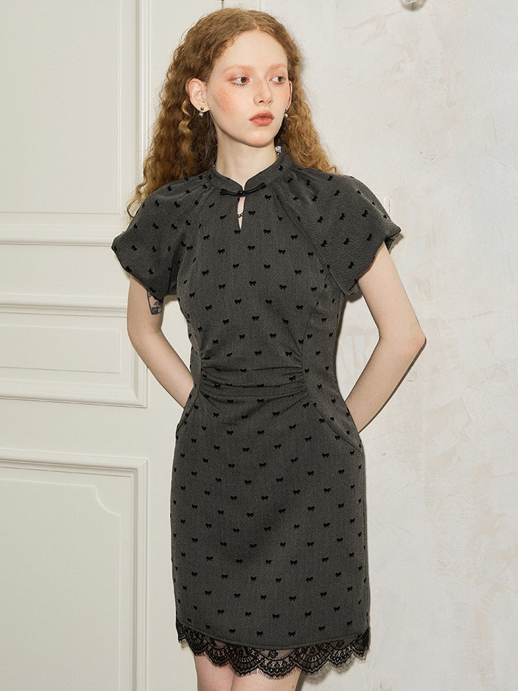 Chinese Style Bowknot Print Waist Dress