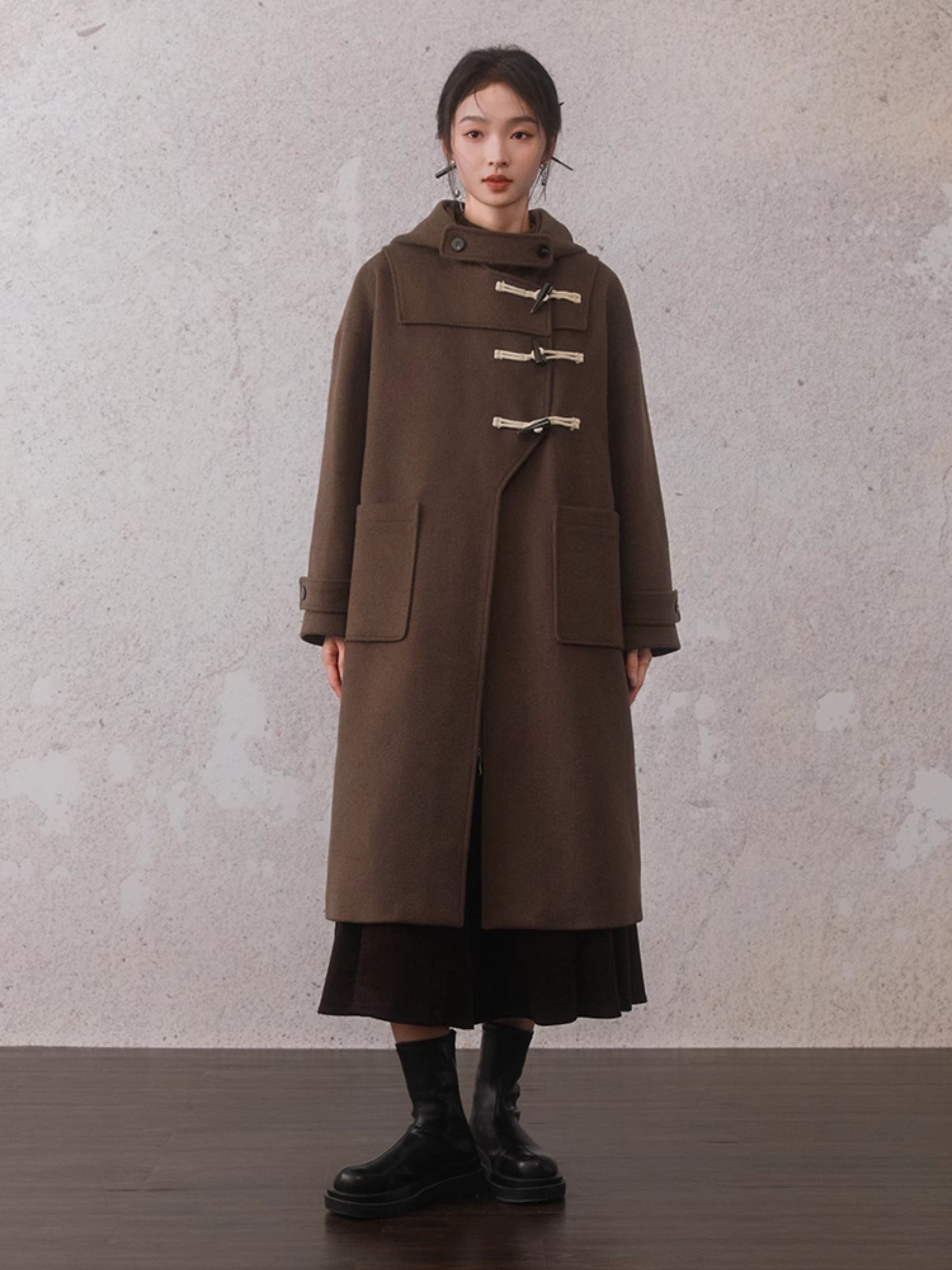 Horn Button Hooded Mid-Length Coat