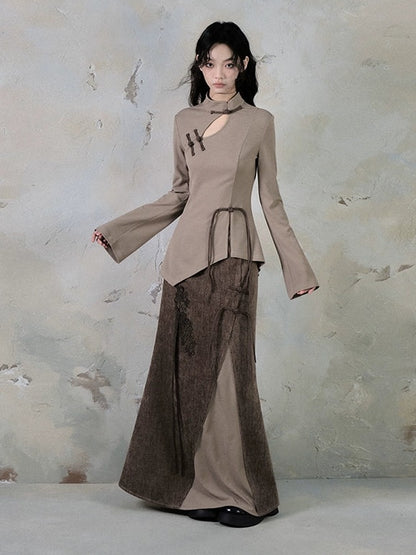 Chinese Style Cut-out Mao Collar Top ＆ Spliced Maxi Skirt