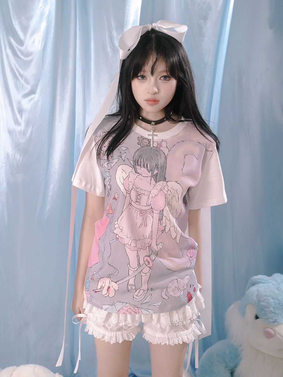 Girl Angel Print Loose T-Shirt