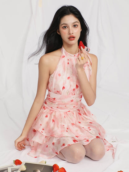 Petal Print Irregular Tulle Sleeveless Fairy Dress