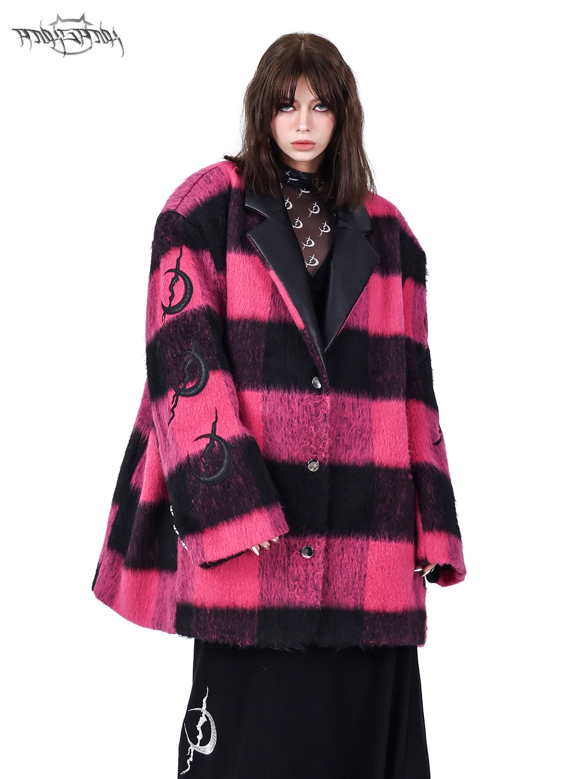 Plaid Leather Embroidered Shoulder Pads Genderless Coat