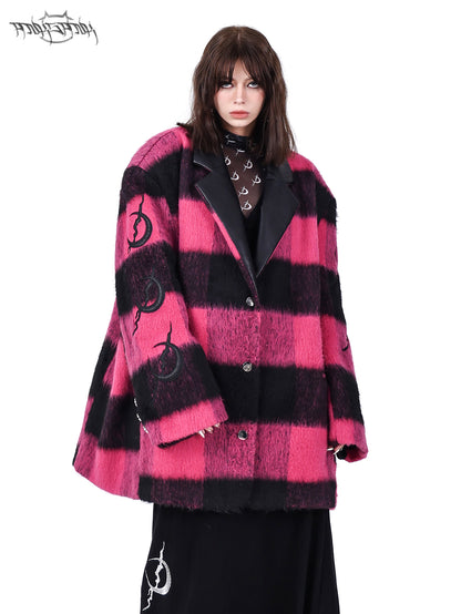 Plaid Leather Embroidered Shoulder Pads Genderless Coat