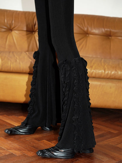 Frill Stretch Knit Long Flared Pants