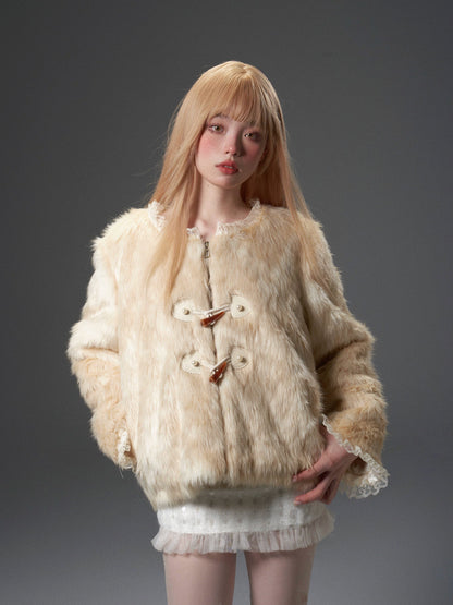 Gradient Lace Spliced Horn Button Detachable Fur Jacket