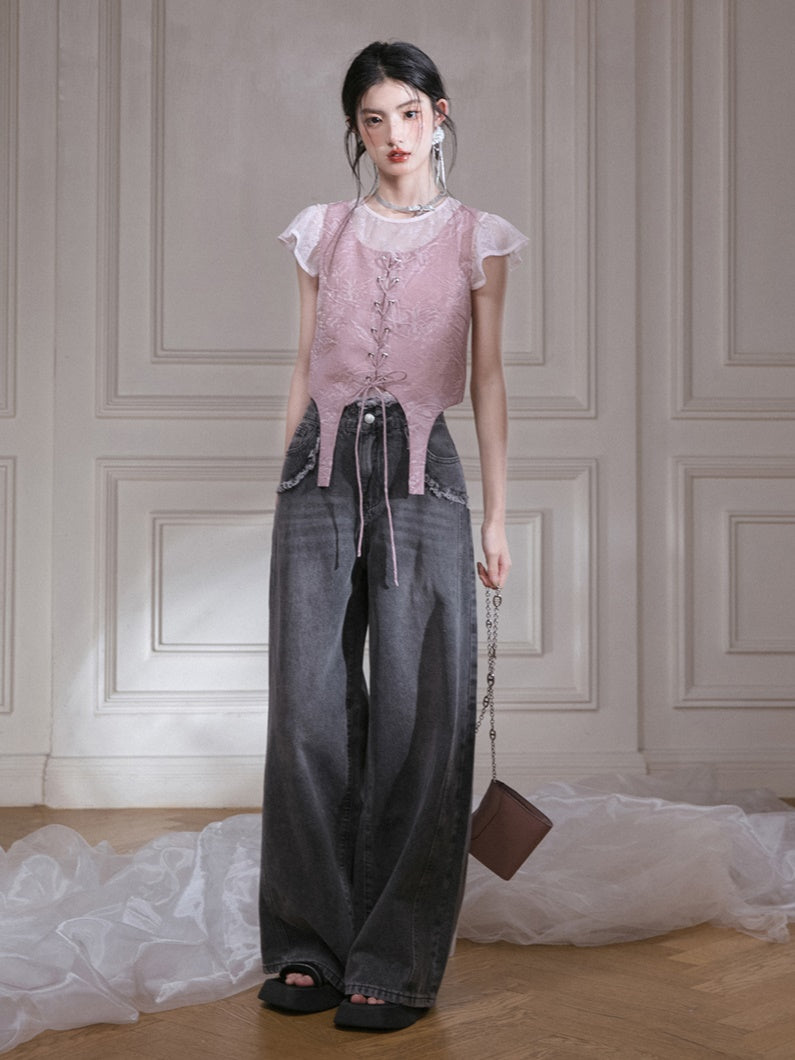 Small Flying Sleeve T-Shirt ＆ Embossed Lace-Up Vest Setup ＆ Long Skirt