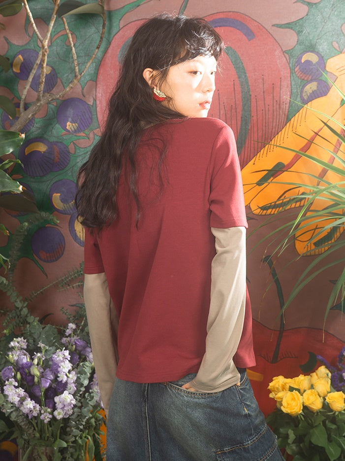 Cherry Print Fake Layered Long-sleeved T-shirts