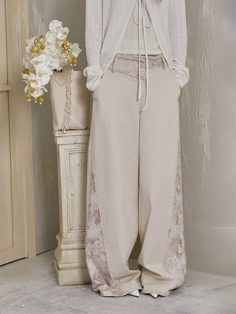 Retro Loose Lace Stitching Low-waist Wide-leg Jeans