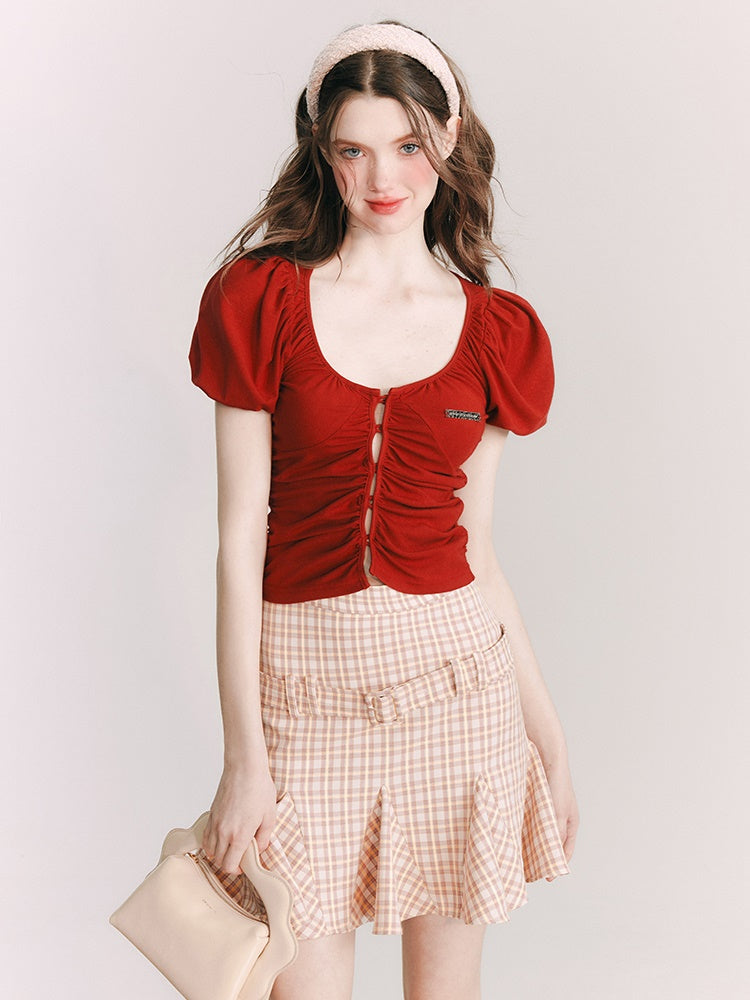 Grid Belt Ruffled High Waist Skirt