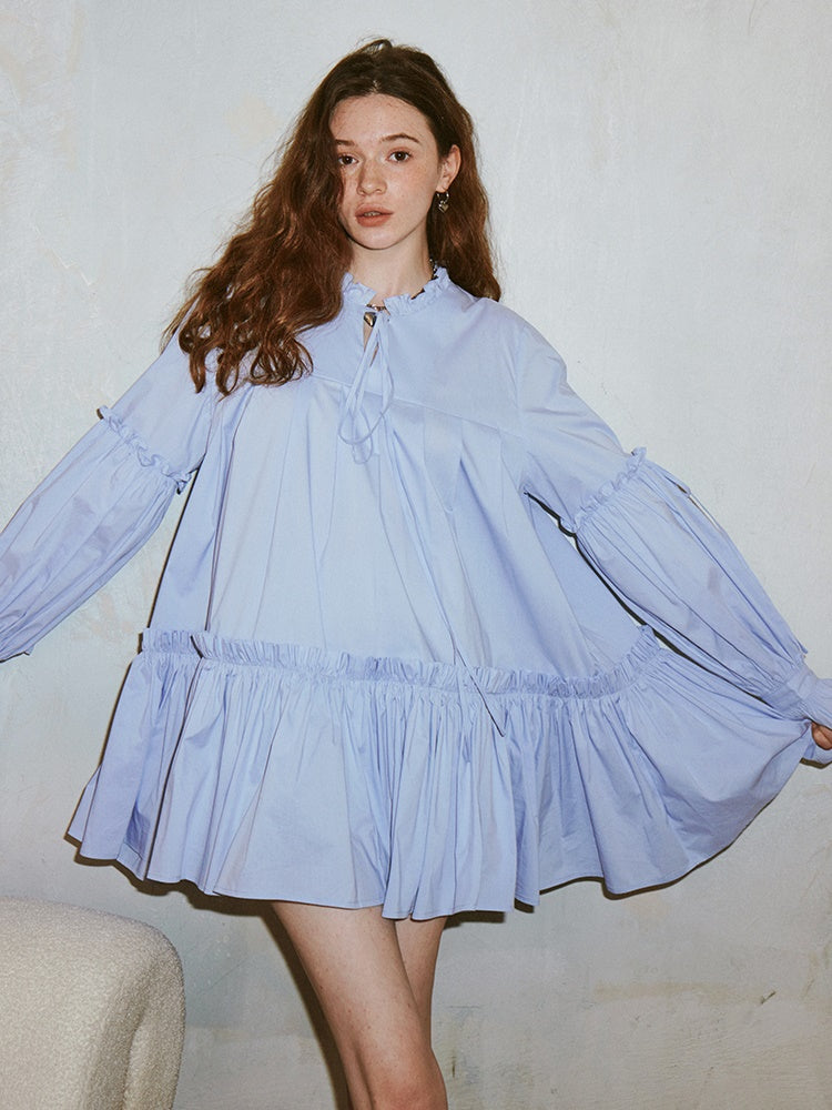 Gather Frill Stitch Ruffled Shirt Dress