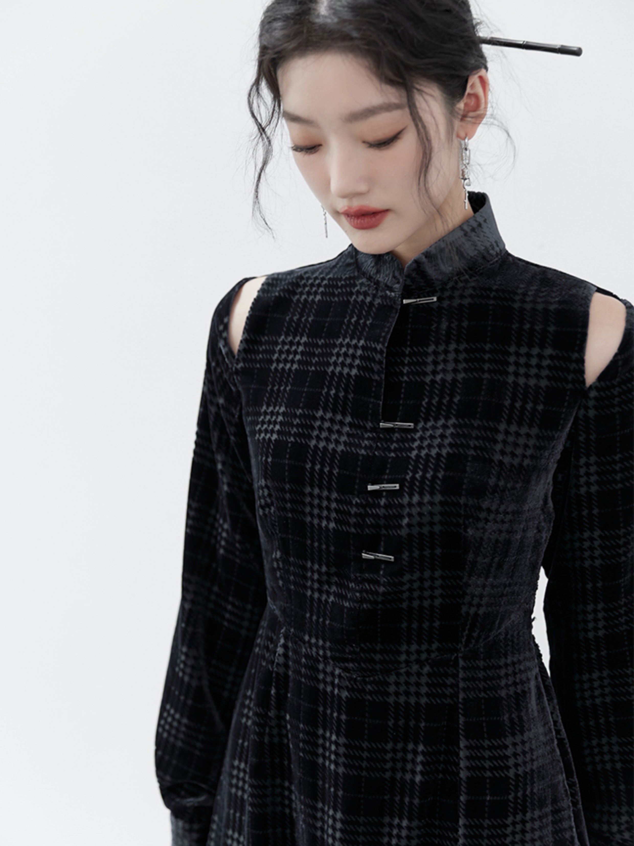 Chinese Style Houndstooth Velvet Stand Collar Dress