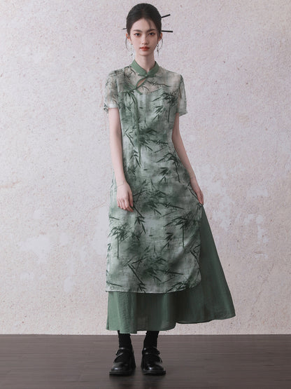 Chinese Style Bamboo Leaf Print Long Shirt ＆ Camisole One-piece Set-up