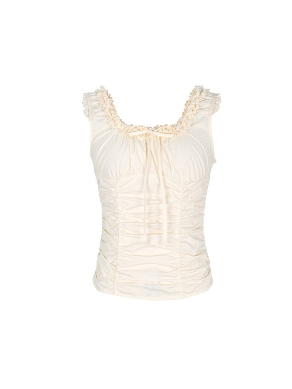 Lace Pleated Slim-fit Sleeveless Top