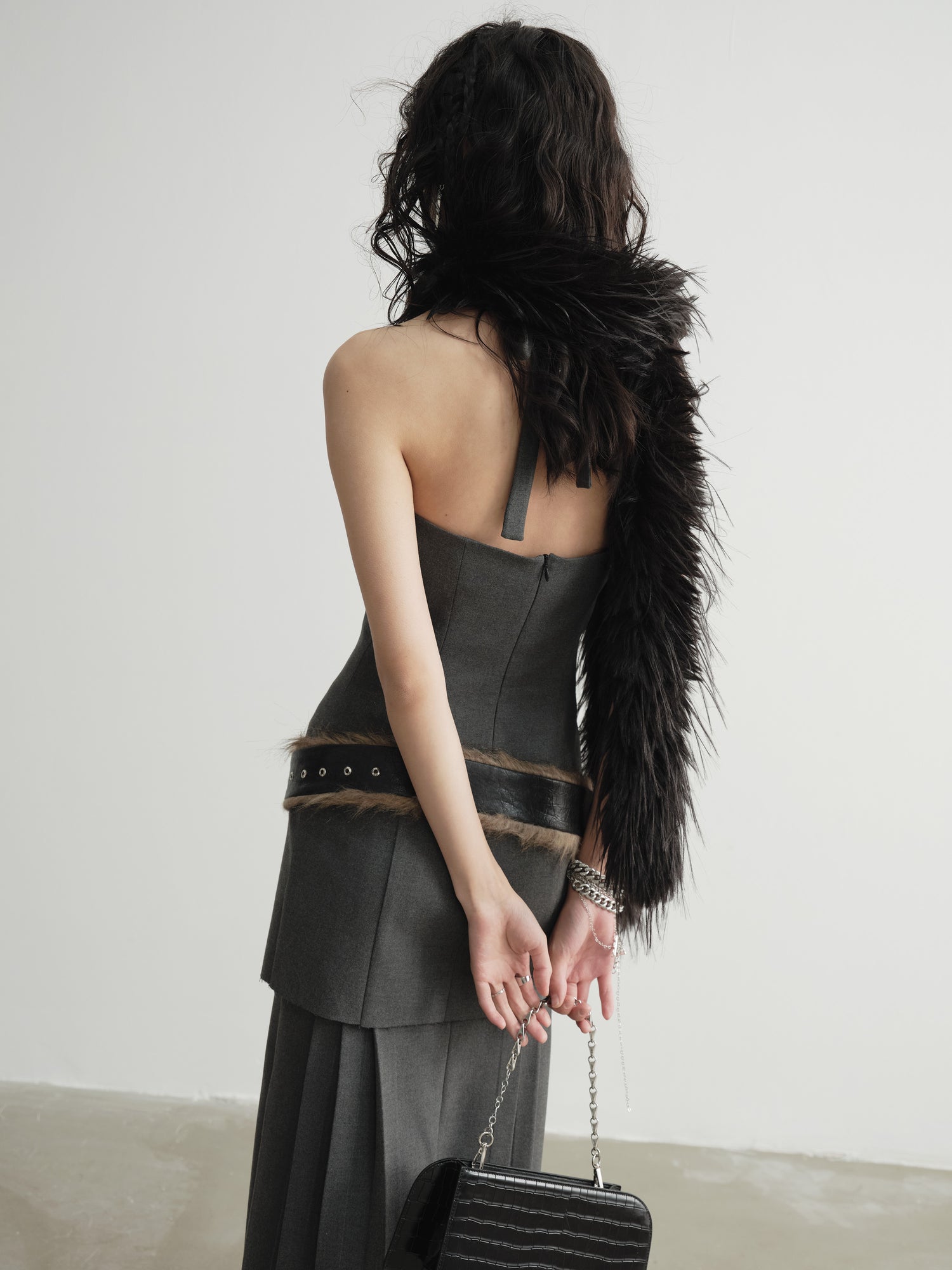 Fur Splicing Belt Low Waist Halter Neck Pleated Slit Dress