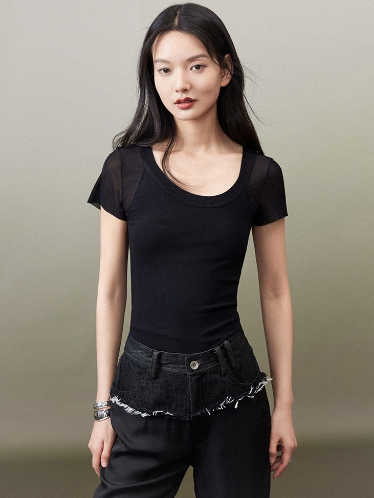 Asymmetric Double Layer Short-sleeved T-shirt