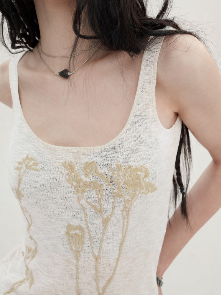 Embroidery Loose Sheer Tank Top