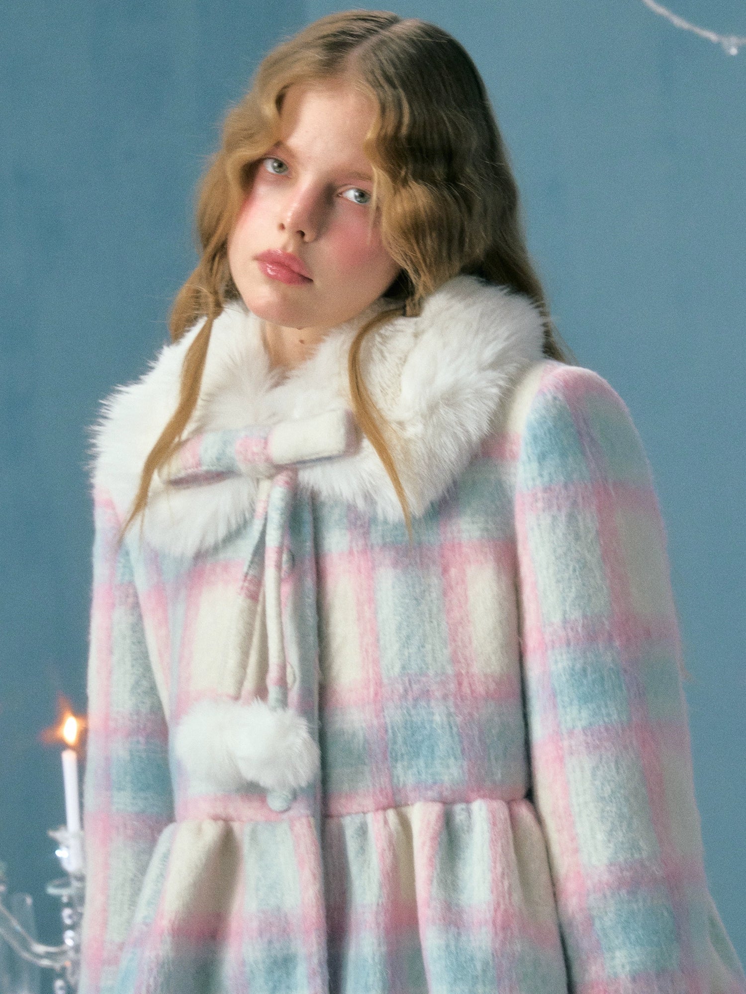 Plaid Fur Collar Detachable Mid-length Coat