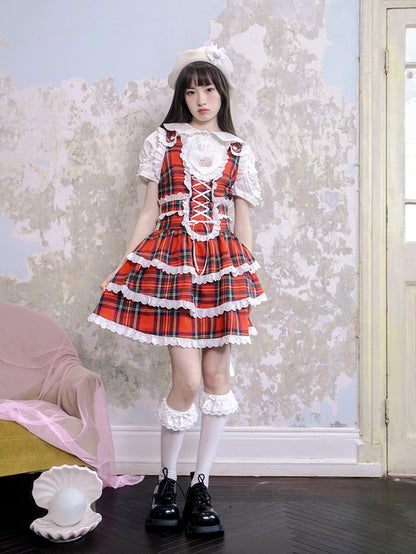 Plaid Cat Print Lace Suspender Dress