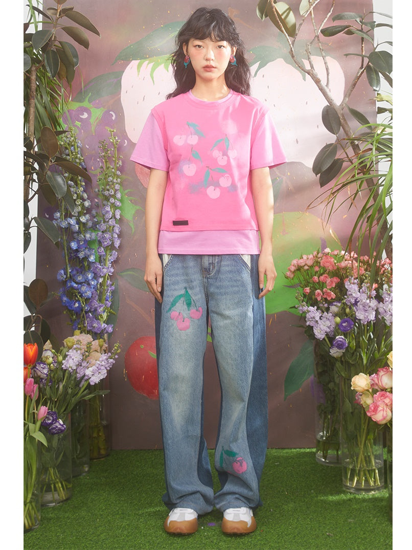 Gradient Cherry Print Fake Two-piece T-shirt