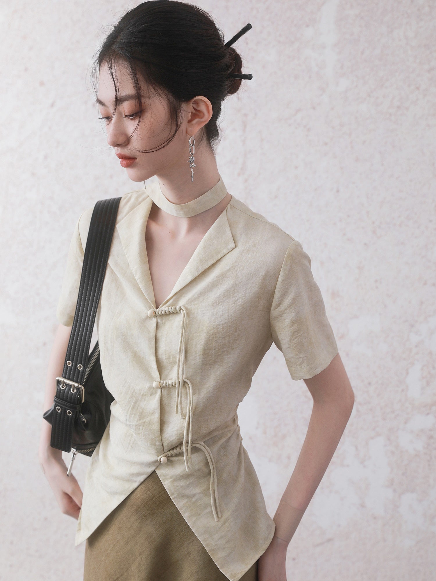 Neck Streamer Chinese Style Placket Button Shirt