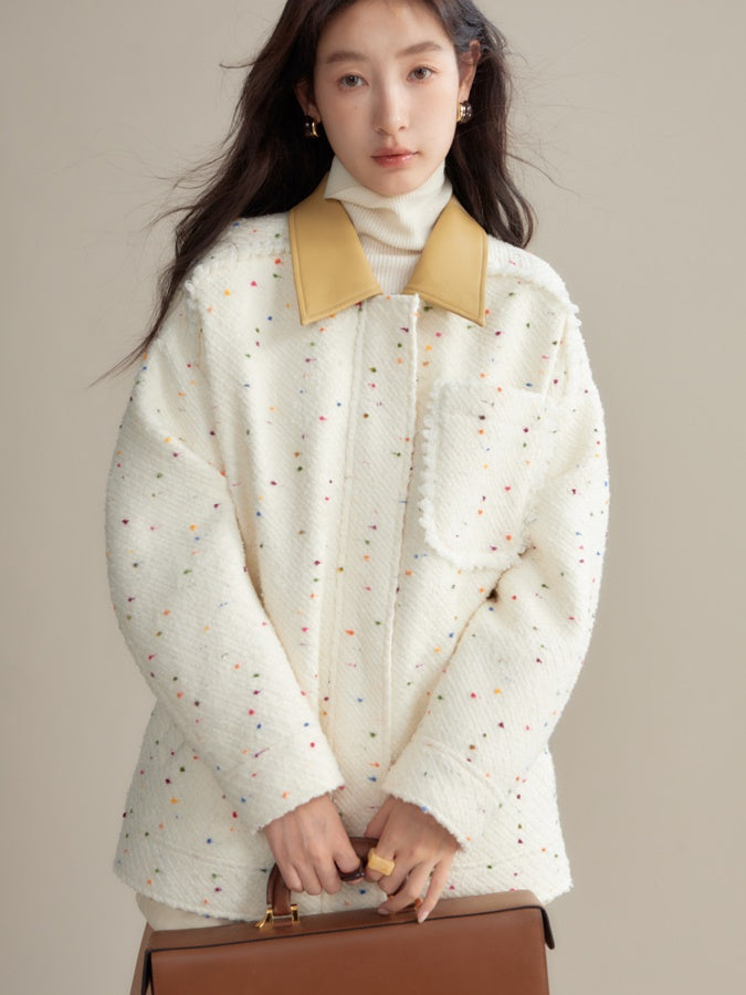 Colorful Dots PU Leather Collar Tweed Taste Jacket