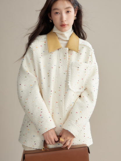 Colorful Dots PU Leather Collar Tweed Taste Jacket