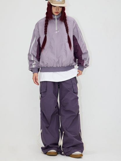 Drawstrings Color Matching Knee Pleated Loose Parachute Pants