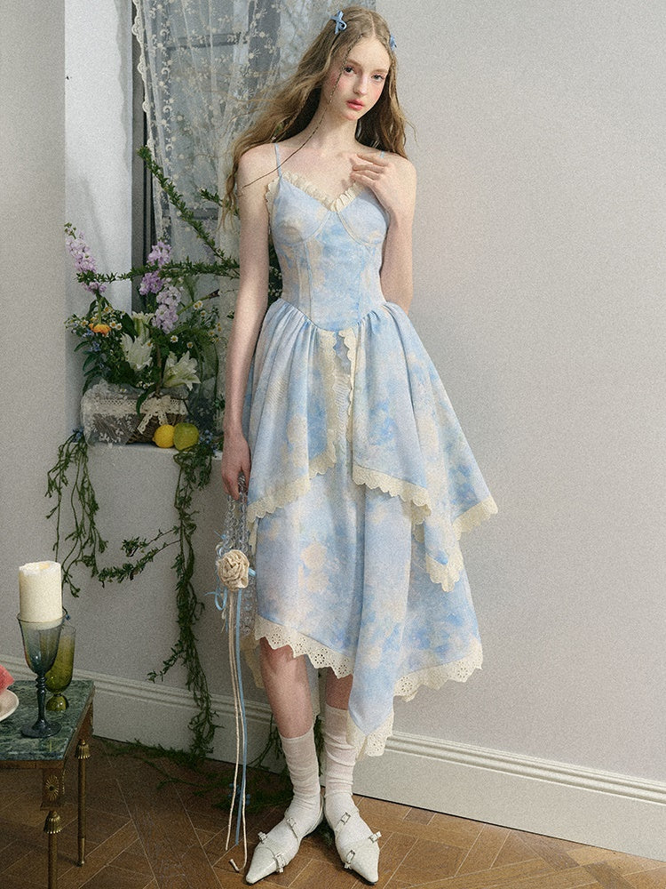 Oil Painting Floral French Suspender Dress