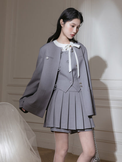 Chinese Style No-Collar Jacket ＆ Vest ＆ Pleated Skirt Set-up