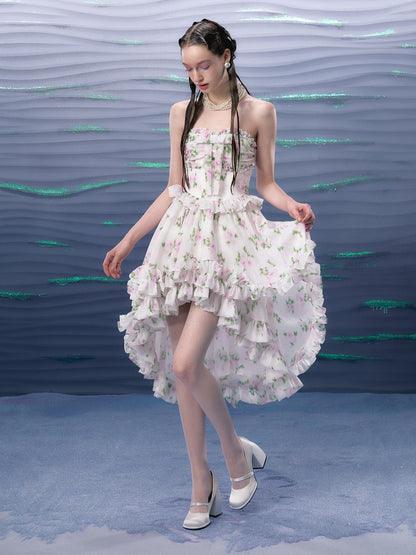 Flower Bow Bare Top Frill Fishtail Dress