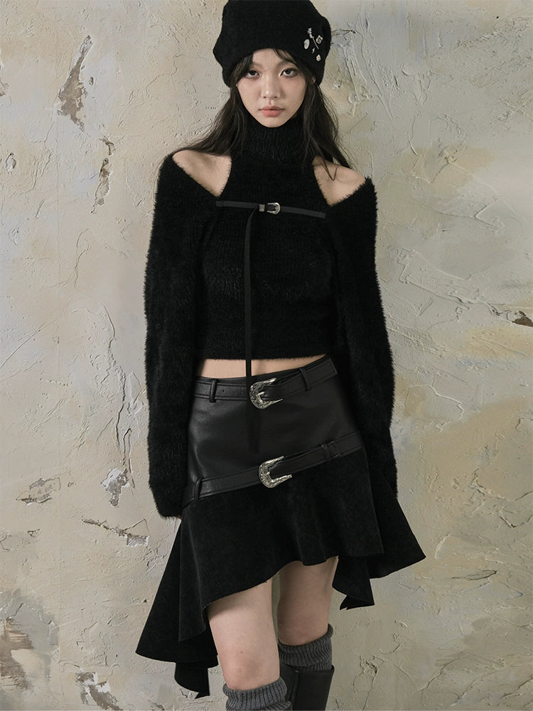 Belt Accent Irregular Thin Leather Switching Skirt